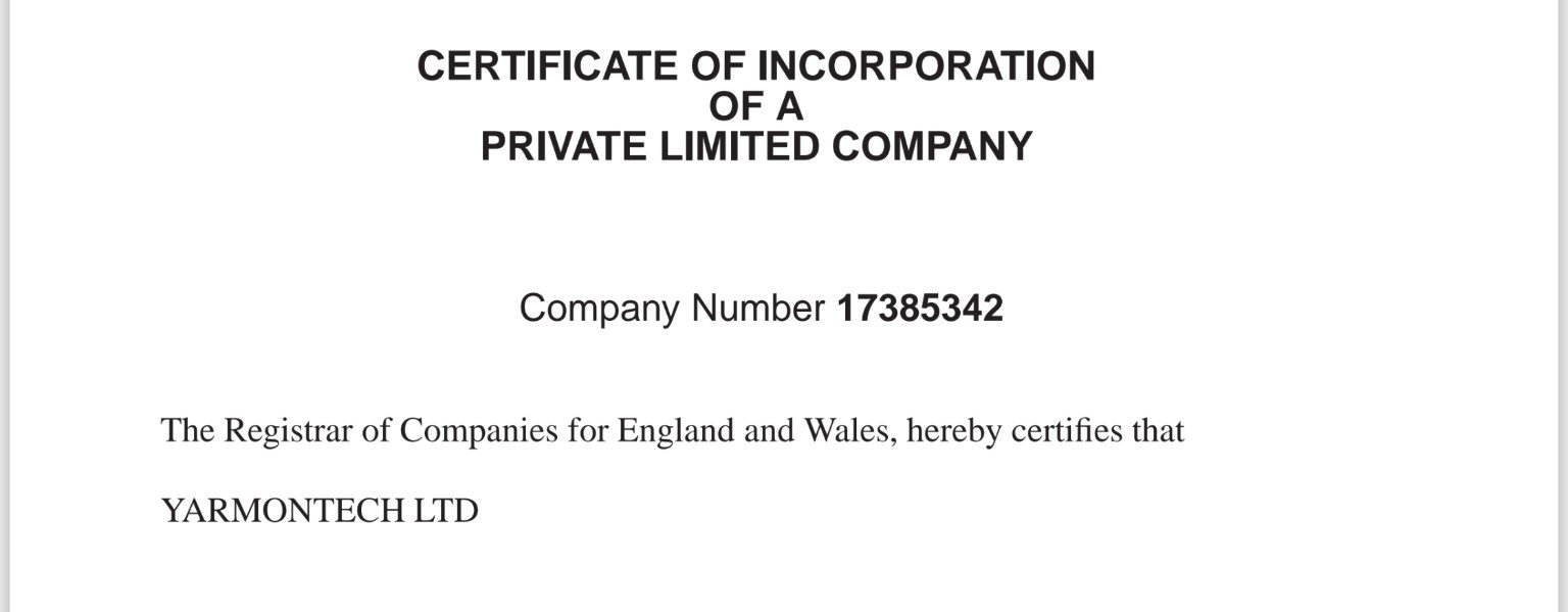 Yarmontech Ltd Certificate of Incorporation